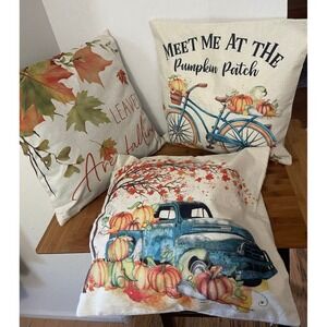 18x18 Fall Throw Pillow Covers w/Pillows included Set of 3 Autumn Leaves Pumpkin